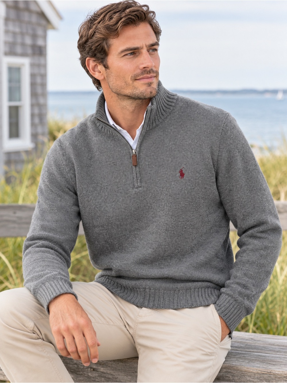 Ralph Lauren Gray Quarter-Zip Knit Sweater with Maroon Polo Emblem